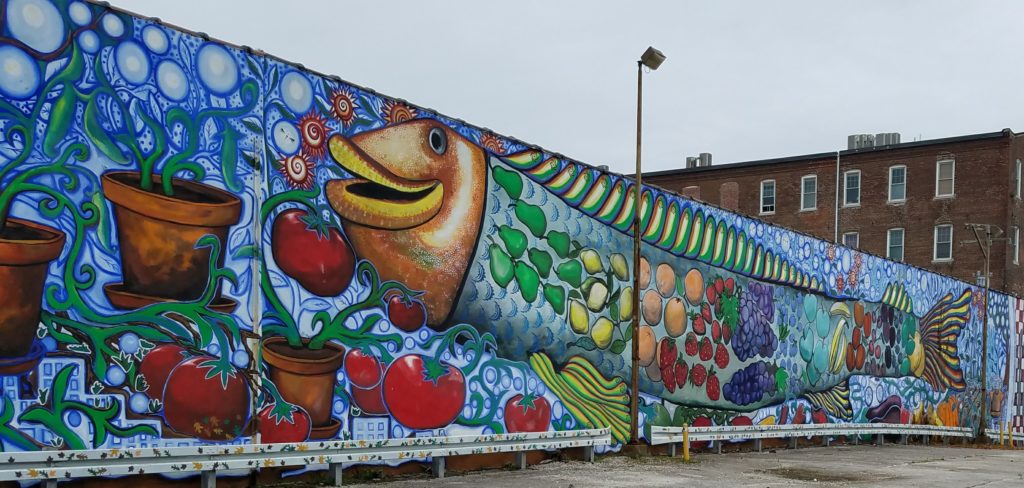 mural of a large happy fish in fishtown, philadelphia filled with a rainbow of fruit